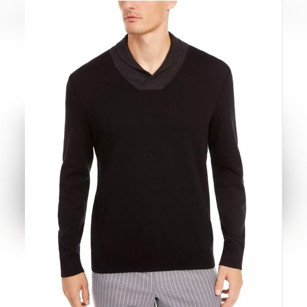 Tasso‎ Elba Supima Cotton Contrast Shawl black gray collared sweater men's large
